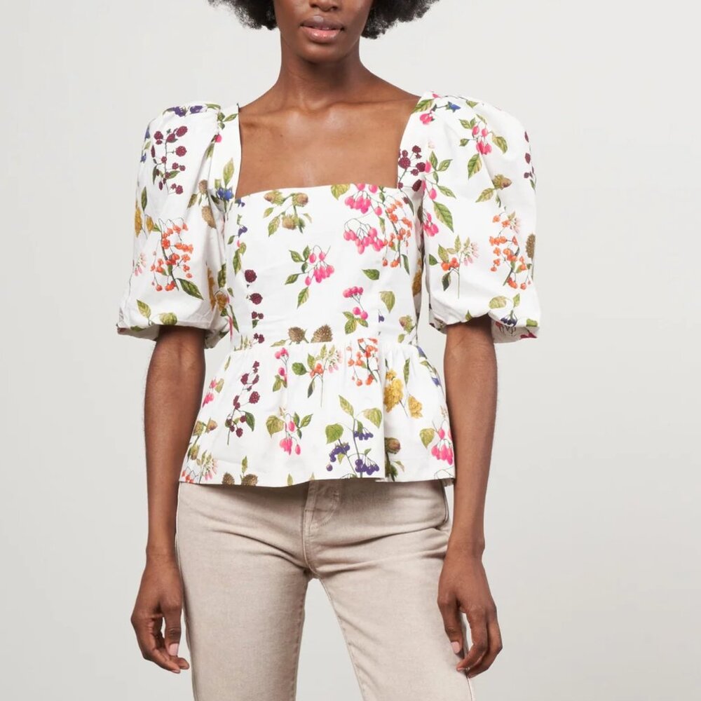 NWT Cara Cara Alexis Puff Sleeve Floral Peplum Botanical Top